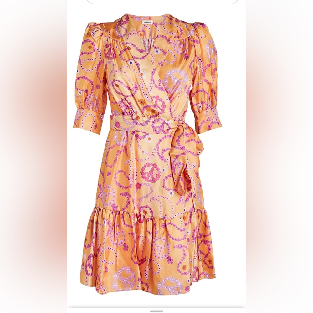 NWT $545 SANDRO Enrie Belted Paisley-Print Silk Minidress 100% Silk Size 40 (8)